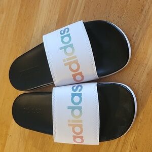 Adidas Slide on sandals with rainbow logo size 7.